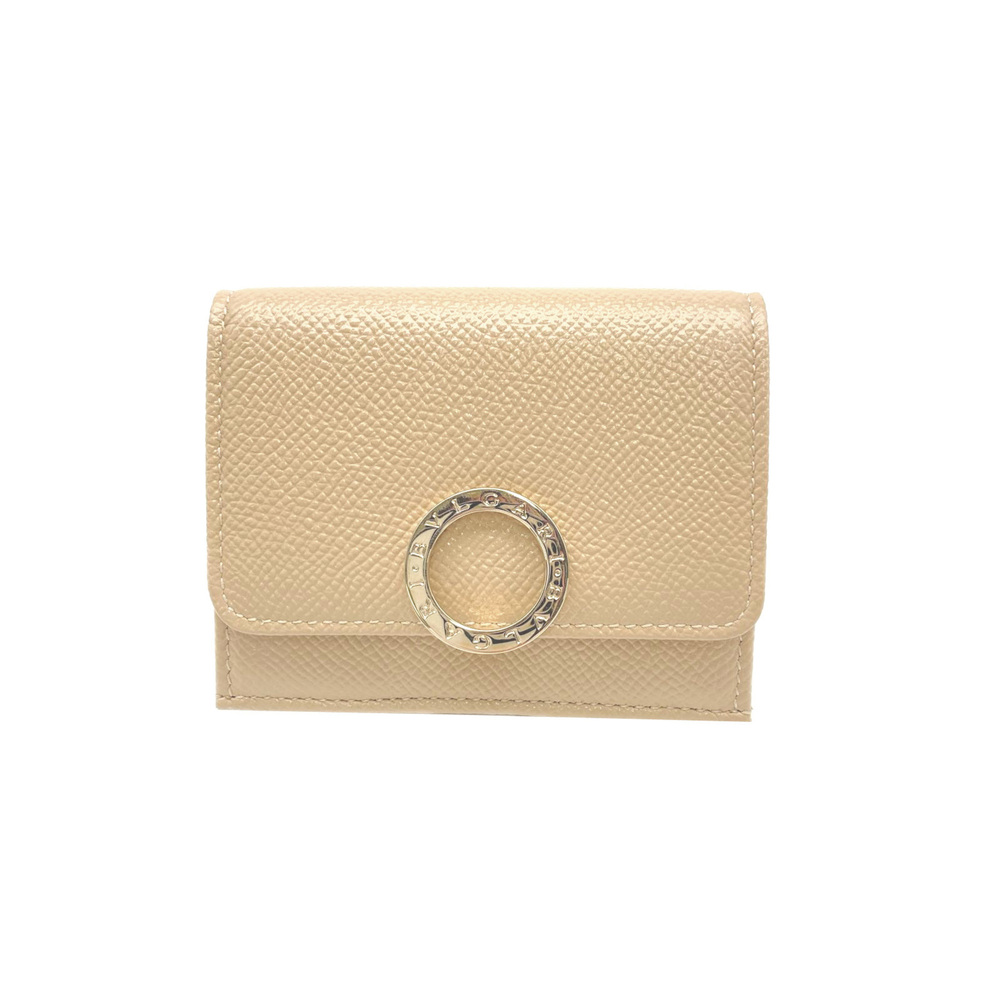 BVLGARI Bulgari Compact Wallet 293706 Tri-fold Beige Grained Calf Leather Wom...